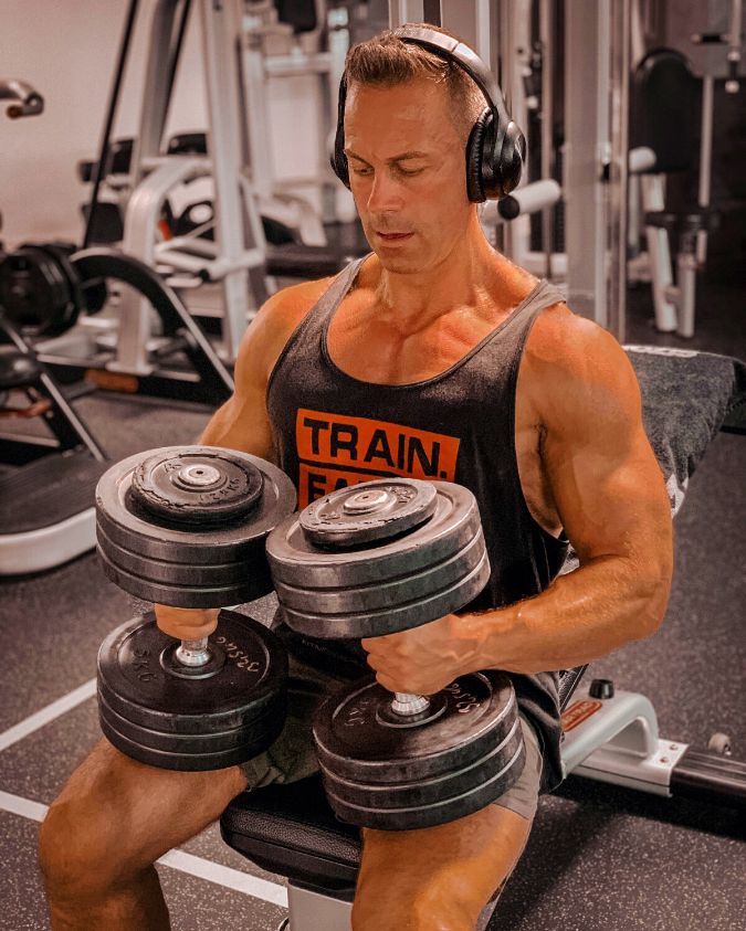 Albert is working out in the gym.